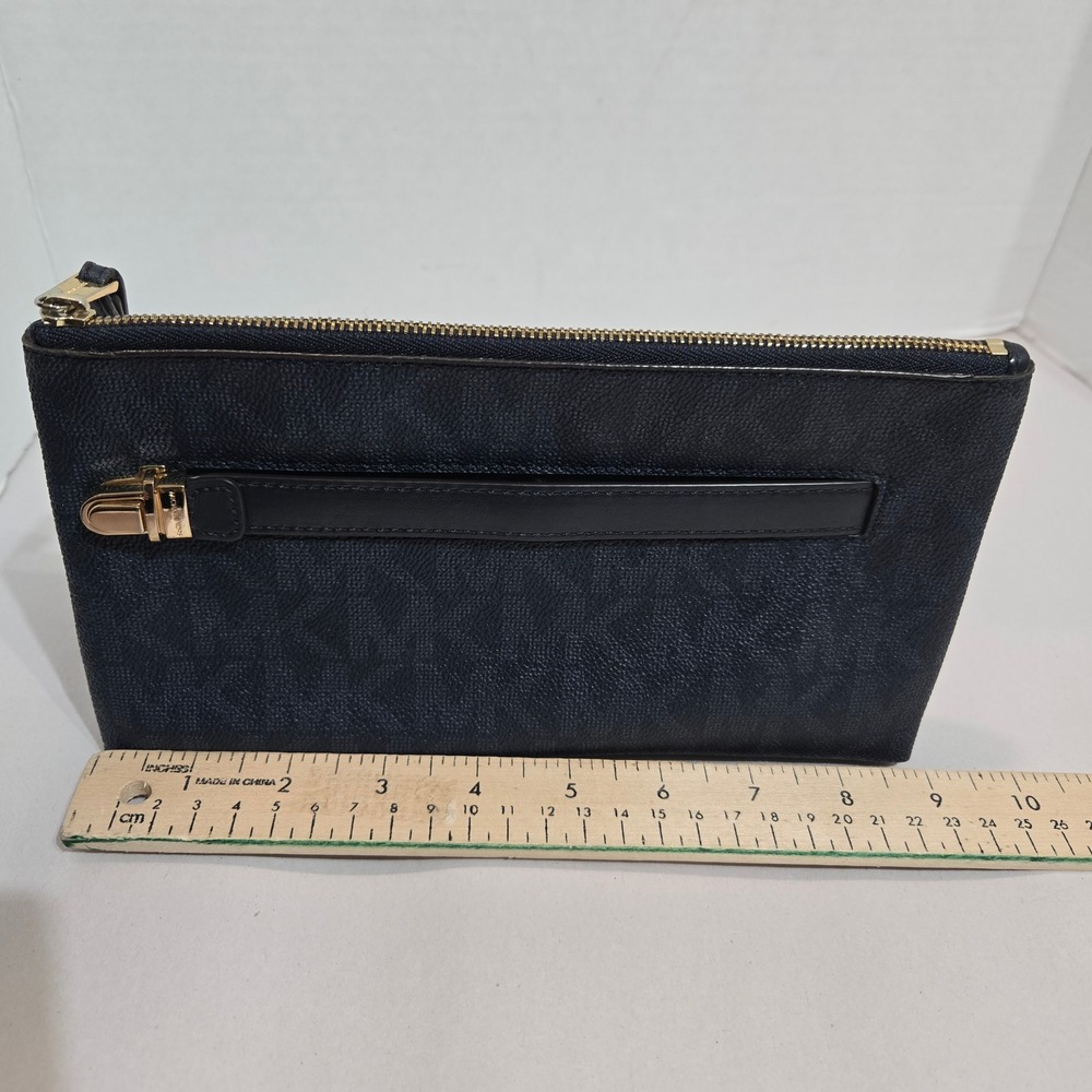 Michael Kors Wristlet Navy Blue MK Monogram Coated Canvas Gold Hardware #1420 - Picture 5 of 10
